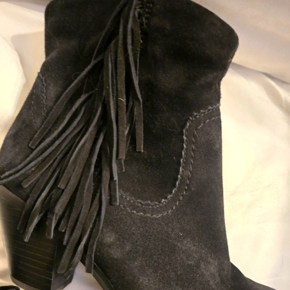 Sam Edelman Louie Black Suede Fringe-Trim Ankle Booties, Block Heel, Size 8.5. - Picture 7 of 10